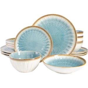 imageGibson Elite Mayfair Bay Embossed Double Bowl Dinnerware Set Service for 4 16pcs BlueLight Blue