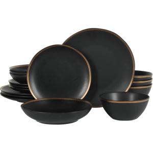 imageGibson Elite Mayfair Bay Embossed Double Bowl Dinnerware Set Service for 4 16pcs BlueMatte Black w Gold Rim