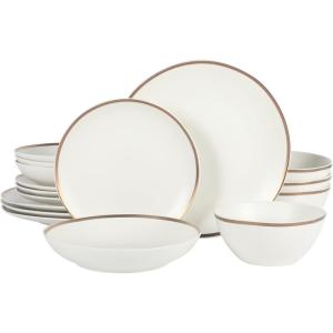 imageGibson Elite Mayfair Bay Embossed Double Bowl Dinnerware Set Service for 4 16pcs BlueMatte White w Gold Rim