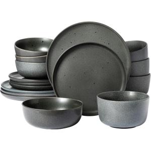 imageGibson Elite Mayfair Bay Embossed Double Bowl Dinnerware Set Service for 4 16pcs BlueTruffle Grey