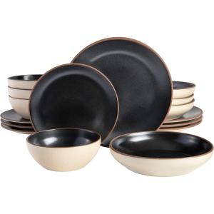 imageGibson Elite Rhinebeck Double Bowl Dinnerware Set Service for 4 16pcs White and BlackBlack