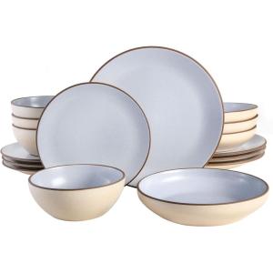 imageGibson Elite Rhinebeck Double Bowl Dinnerware Set Service for 4 16pcs White and BlackLight Blue