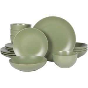 imageGibson Home 12733916R Zuma 16 Piece Round Kitchen Dishes Plates Bowls Mugs Dinnerware Sets Service for Four 16pcs YellowMatte Green Double Bowl
