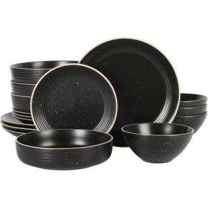 imageGibson Home Dinah 16 Piece Double Bowl Stoneware Embossed Speckled Dinnerware Set  Matte WhiteBlack