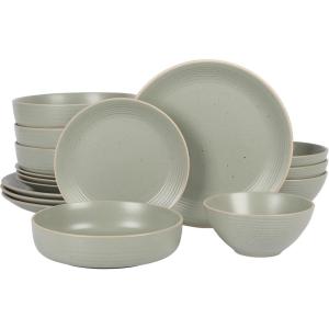 imageGibson Home Dinah 16 Piece Double Bowl Stoneware Embossed Speckled Dinnerware Set  Matte WhiteGreen