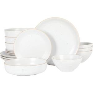 imageGibson Home Dinah 16 Piece Double Bowl Stoneware Embossed Speckled Dinnerware Set  Matte WhiteWhite