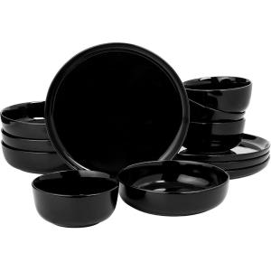 imageGibson Home Oslo Porcelain Chip and Scratch Resistant Dinnerware Set Service for 4 16pcs Plates and Bowls Dishes Sets WhiteBlack