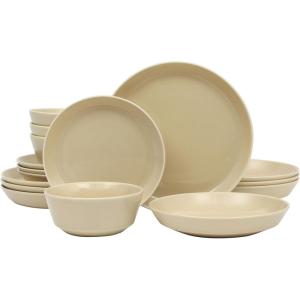 imageGibson Home Oslo Porcelain Chip and Scratch Resistant Dinnerware Set Service for 4 16pcs Plates and Bowls Dishes Sets WhiteTaupe Summer Shades