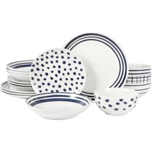 imageGibson Home Oslo Porcelain Chip and Scratch Resistant Dinnerware Set Service for 4 16pcs Plates and Bowls Dishes Sets WhiteWhite  Blue Decorated