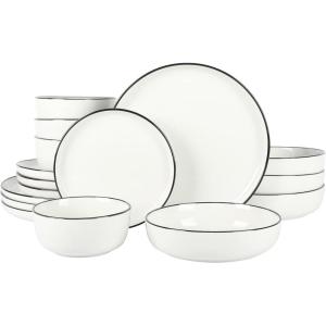 imageGibson Home Oslo Porcelain Chip and Scratch Resistant Dinnerware Set Service for 4 16pcs Plates and Bowls Dishes Sets WhiteWhite w Black Rim