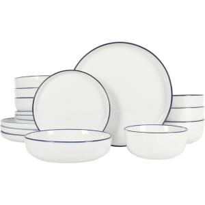 imageGibson Home Oslo Porcelain Chip and Scratch Resistant Dinnerware Set Service for 4 16pcs Plates and Bowls Dishes Sets WhiteWhite w Blue Rim