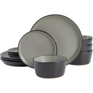 imageGibson Soho Lounge Sofia Coupe Stoneware Dinnerware Set Service for 4 12pcs BlackGray