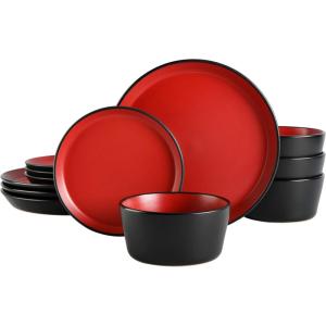 imageGibson Soho Lounge Sofia Coupe Stoneware Dinnerware Set Service for 4 12pcs BlackRed