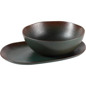 imageOprahs Favorite Things  Santorini Mist Double Bowl Terracotta Reactive Glaze Plates and Bowls Dinnerware Set  Amber Service for Four 16pcsAgave Blue
