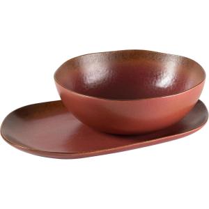 imageOprahs Favorite Things  Santorini Mist Double Bowl Terracotta Reactive Glaze Plates and Bowls Dinnerware Set  Amber Service for Four 16pcsPaprika Red