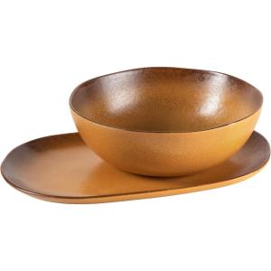 imageOprahs Favorite Things  Santorini Mist Double Bowl Terracotta Reactive Glaze Plates and Bowls Dinnerware Set  Amber Service for Four 16pcsTumeric Yellow
