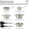 imageKenmore Aiden 10 Piece Brushed Stainless Steel Pots and Pans Cookware Set with Kitchen Tools10Piece Cookware Set w Kitchen Tools