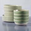 imageSur La Table Kitchen Essentials Banquette 16 Piece Double Bowl Plates and Bowls Reactive Glaze Stoneware Dinnerware Set  GreenGreen