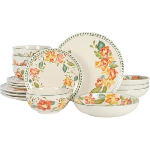 imageCassia Bud 16 Piece Double Bowl Hand Painted Stoneware Plates and Bowls Floral Dinnerware SetCassia Bud