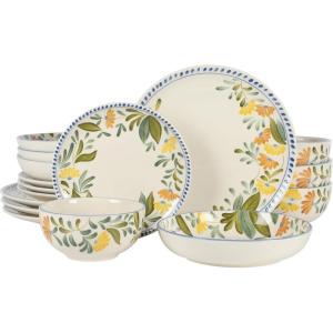 imageCassia Bud 16 Piece Double Bowl Hand Painted Stoneware Plates and Bowls Floral Dinnerware SetPosy Blossom
