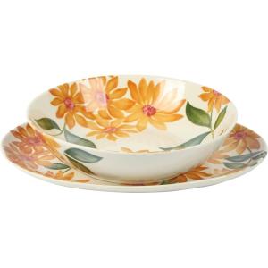 imageCassia Bud 16 Piece Double Bowl Hand Painted Stoneware Plates and Bowls Floral Dinnerware SetSunnyflower