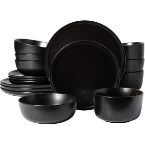 imageGibson Elite James Street Stoneware Matte Reactive Double Bowl Dinnerware Set  Pepper Black Service for 4 16pcs