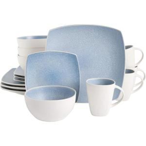 imageGibson Soho Lounge Square Reactive Glaze Stoneware Dinnerware Set Service for 4 16pc BlackwhiteAqua Blue