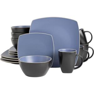 imageGibson Soho Lounge Square Reactive Glaze Stoneware Dinnerware Set Service for 4 16pc BlackwhiteMatte Blue