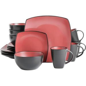 imageGibson Soho Lounge Square Reactive Glaze Stoneware Dinnerware Set Service for 4 16pc BlackwhiteMatte Red