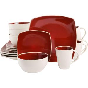 imageGibson Soho Lounge Square Reactive Glaze Stoneware Dinnerware Set Service for 4 16pc BlackwhiteRedWhite