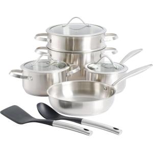 imageKenmore Aiden 10 Piece Brushed Stainless Steel Pots and Pans Cookware Set with Kitchen Tools10Piece Cookware Set w Kitchen Tools