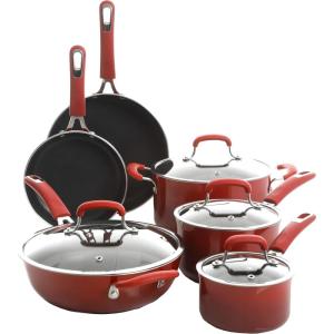 imageKenmore Elite Andover Nonstick Platinum Forged Aluminum Cookware Set 10Piece Glacier BlueRed Gradient