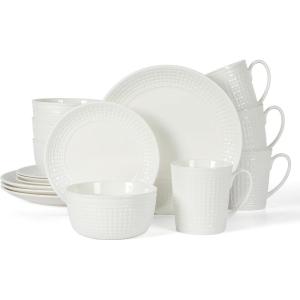imageMartha Stewart Maepoole Porcelain Embossed Dinnerware Set White Service for 4 16pcsWhite Basket Weave