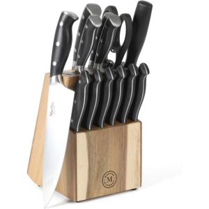 imageMartha Stewart Ruxton 14 Piece High Carbon Stainless Steel Cutlery Knife Block Set wABS Triple Riveted Forged Handle Ashwood Block  LinenBlack