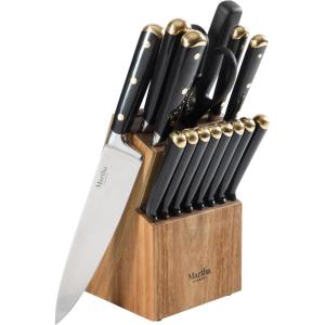 imageMartha Stewart Ruxton 14 Piece High Carbon Stainless Steel Cutlery Knife Block Set wABS Triple Riveted Forged Handle Ashwood Block  LinenBlack W Gold