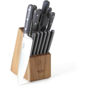 imageMartha Stewart Ruxton 14 Piece High Carbon Stainless Steel Cutlery Knife Block Set wABS Triple Riveted Forged Handle Ashwood Block  LinenGray