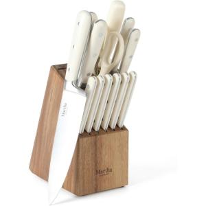 imageMartha Stewart Ruxton 14 Piece High Carbon Stainless Steel Cutlery Knife Block Set wABS Triple Riveted Forged Handle Ashwood Block  LinenLinen