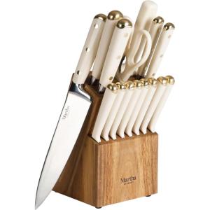 imageMartha Stewart Ruxton 14 Piece High Carbon Stainless Steel Cutlery Knife Block Set wABS Triple Riveted Forged Handle Ashwood Block  LinenLinen W Gold
