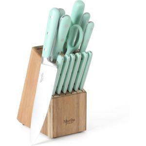 imageMartha Stewart Ruxton 14 Piece High Carbon Stainless Steel Cutlery Knife Block Set wABS Triple Riveted Forged Handle Ashwood Block  LinenMartha Blue