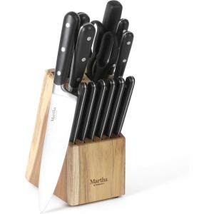 imageMartha Stewart Ruxton 14 Piece High Carbon Stainless Steel Cutlery Knife Block Set wABS Triple Riveted Forged Handle Ashwood Block  LinenMatte Black