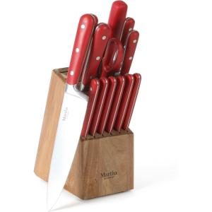 imageMartha Stewart Ruxton 14 Piece High Carbon Stainless Steel Cutlery Knife Block Set wABS Triple Riveted Forged Handle Ashwood Block  LinenRed