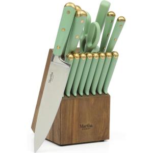 imageMartha Stewart Ruxton 14 Piece High Carbon Stainless Steel Cutlery Knife Block Set wABS Triple Riveted Forged Handle Ashwood Block  LinenSage Green W Gold