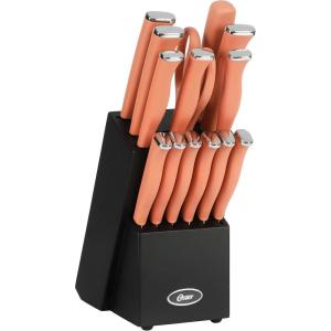 imageOster Langmore 15 Piece Stainless Steel Cutlery Knife Block Set WBlack Box  Classic Blue HandlesTerracotta Orange