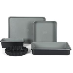 imageSur La Table Kitchen Essential Carbon Steel Baking Pans Bakeware Set WPremium PFA Free Grey Ceramic Non stick  Juniper Green ExteriorBlack