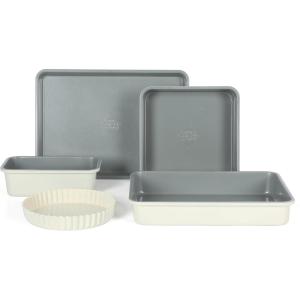 imageSur La Table Kitchen Essential Carbon Steel Baking Pans Bakeware Set WPremium PFA Free Grey Ceramic Non stick  Juniper Green ExteriorLinen White