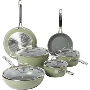 imageSur La Table Kitchen Essentials 10 Piece PFA Free Titanium Ceramic Nonstick Interior Forged Aluminum Cookware Pots and Pans Set  Black  Induction CompatibleGreen