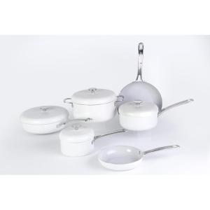 imageSur La Table Kitchen Essentials 10 Piece PFA Free Titanium Ceramic Nonstick Interior Forged Aluminum Cookware Pots and Pans Set  Black  Induction CompatibleLinen White Potluck Porch