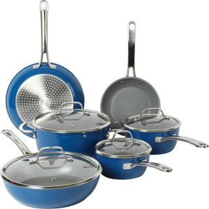 imageSur La Table Kitchen Essentials 10 Piece PFA Free Titanium Ceramic Nonstick Interior Forged Aluminum Cookware Pots and Pans Set  Black  Induction CompatibleBlue