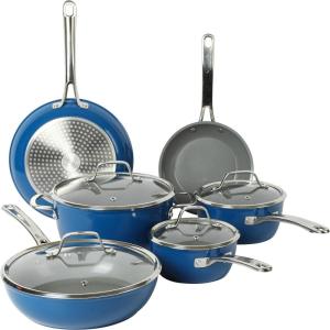 imageSur La Table Kitchen Essentials 10 Piece PFA Free Titanium Ceramic Nonstick Interior Forged Aluminum Cookware Pots and Pans Set  Black  Induction CompatibleBlue Hard Anodized Aluminum