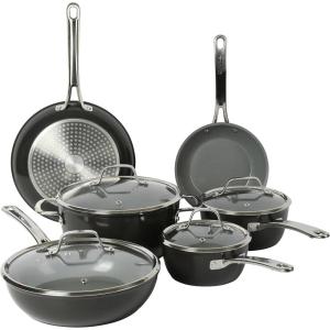 imageSur La Table Kitchen Essentials 10 Piece PFA Free Titanium Ceramic Nonstick Interior Forged Aluminum Cookware Pots and Pans Set  Black  Induction CompatibleBlack Hard Anodized Aluminum